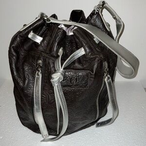 Black Embossed Tusk Drawstring Bucket Bag with Silver Trim